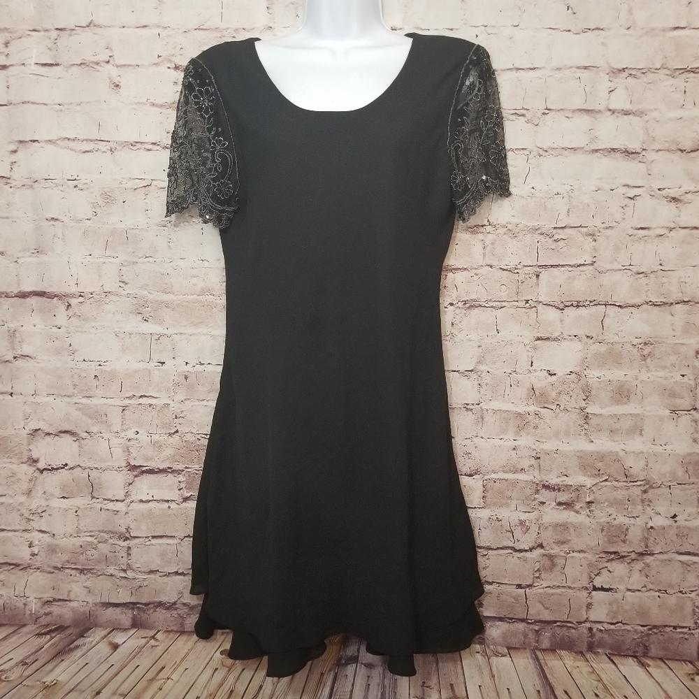 Jeffrey and Dara black lace sleeve dress